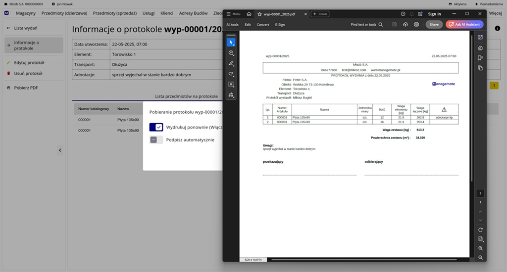 druk dokumentu protokołu wydania