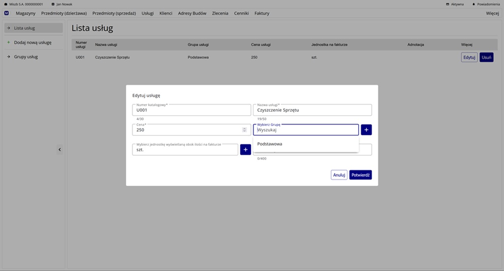 formularz edycji usługi oraz lista usług w tle