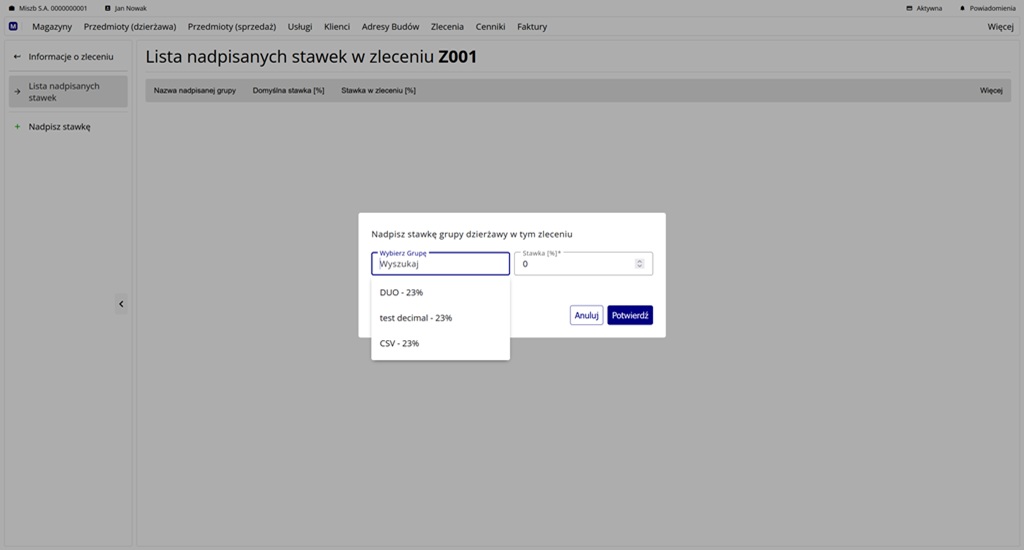 formularz nadpisania stawki w zleceniu