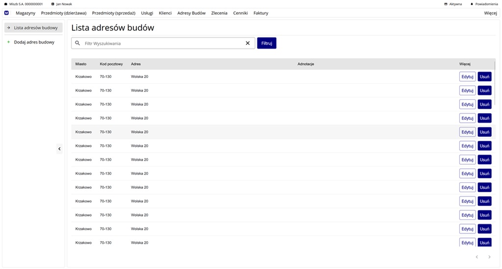 lista adresów budów