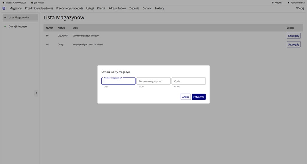 formularz utworzenia magazynu i lista magazynów w tle