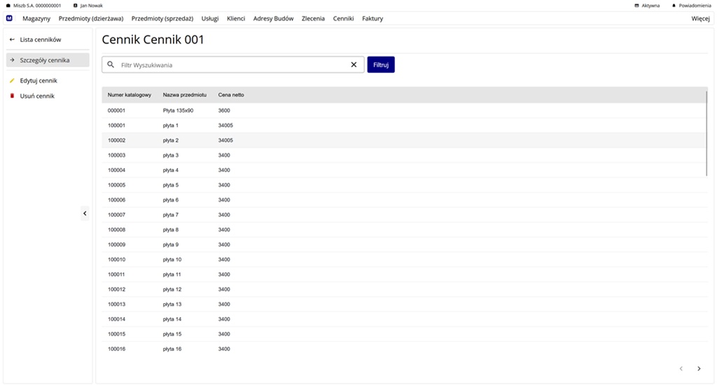 szczegóły cennika wraz z cenami przedmiotów