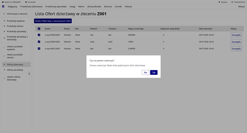 tworzenie max listy z zaznaczonych ofert