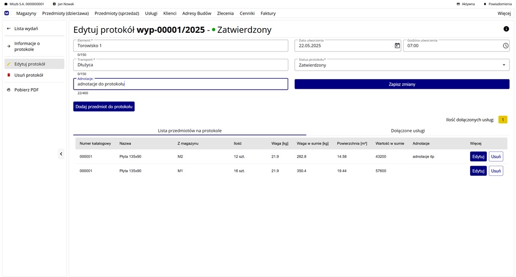 widok edycji protokołu