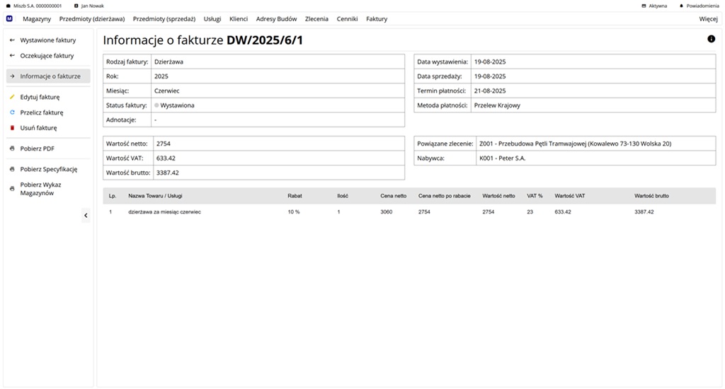 widok wystawionej faktury