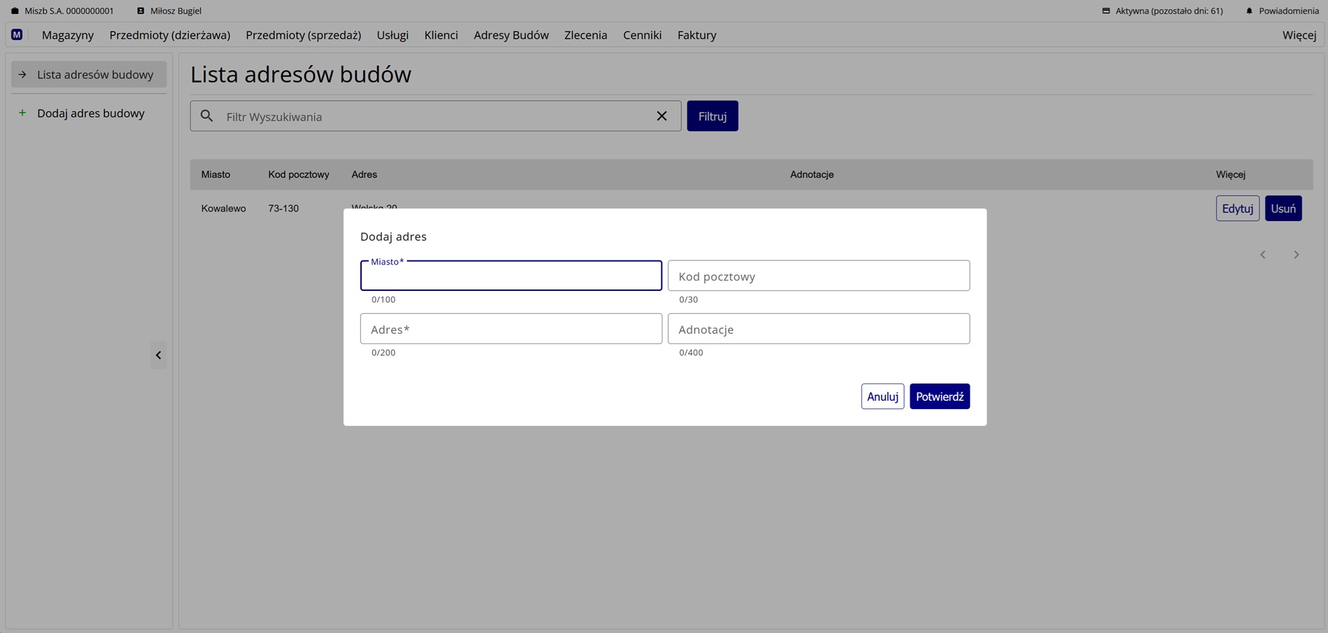 ekran z formularzem dodawania nowego adresu