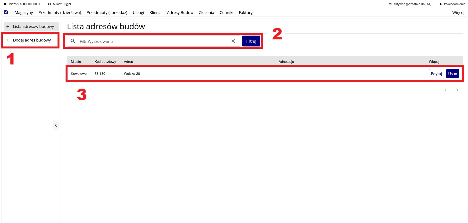ekran z listą adresów w formie tabeli
