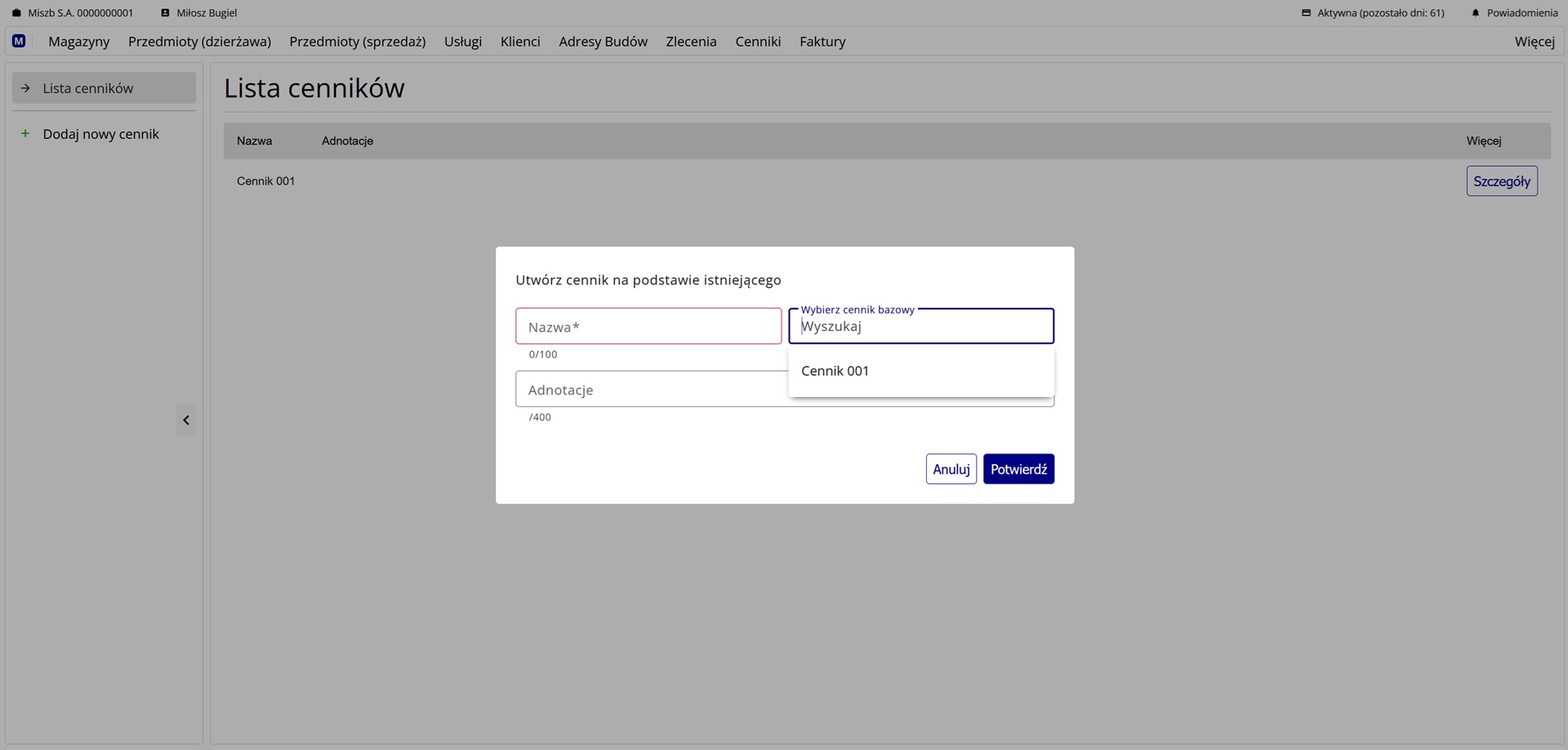 formularz dodawania cennika dzierżawy
