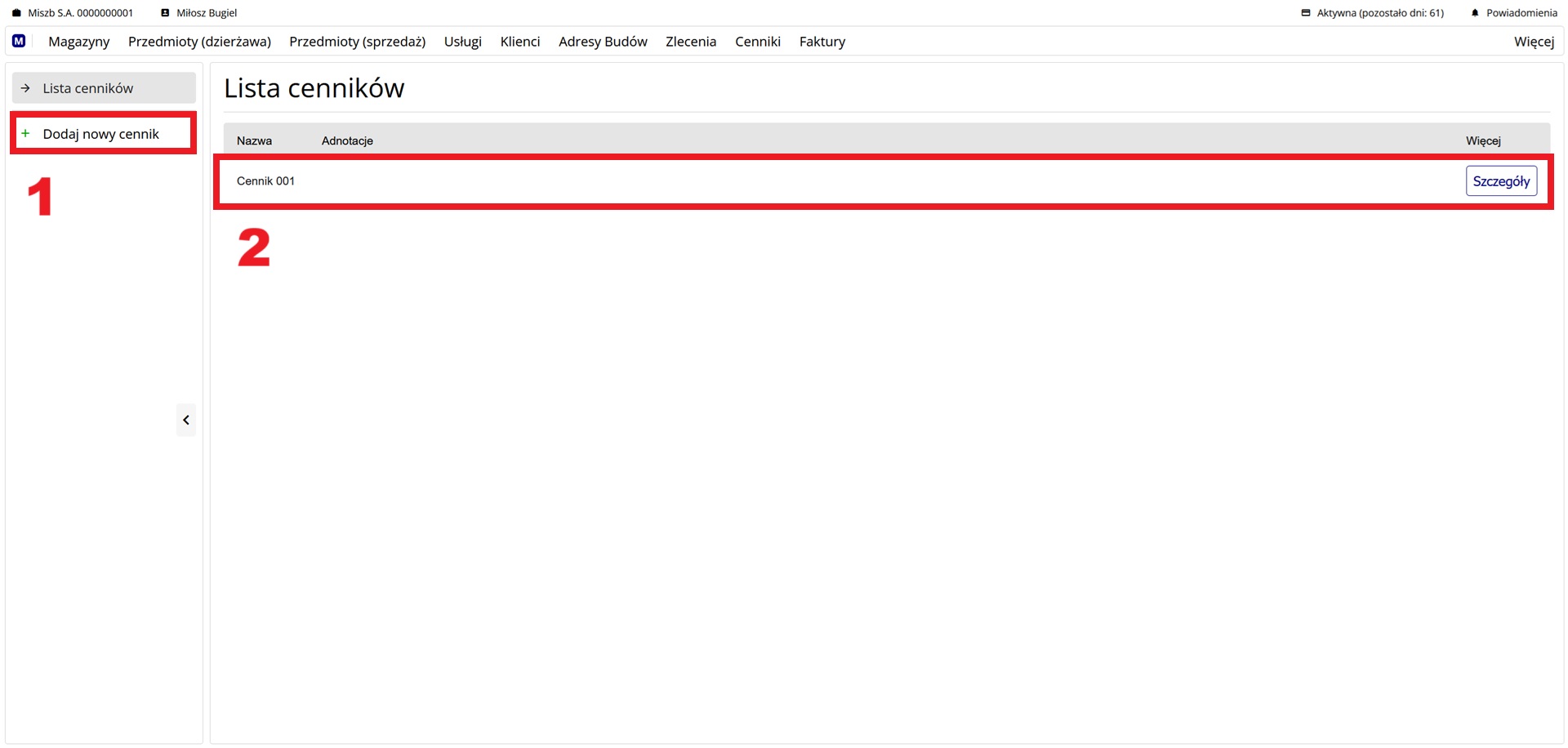 ekran z listą utworzonych cenników