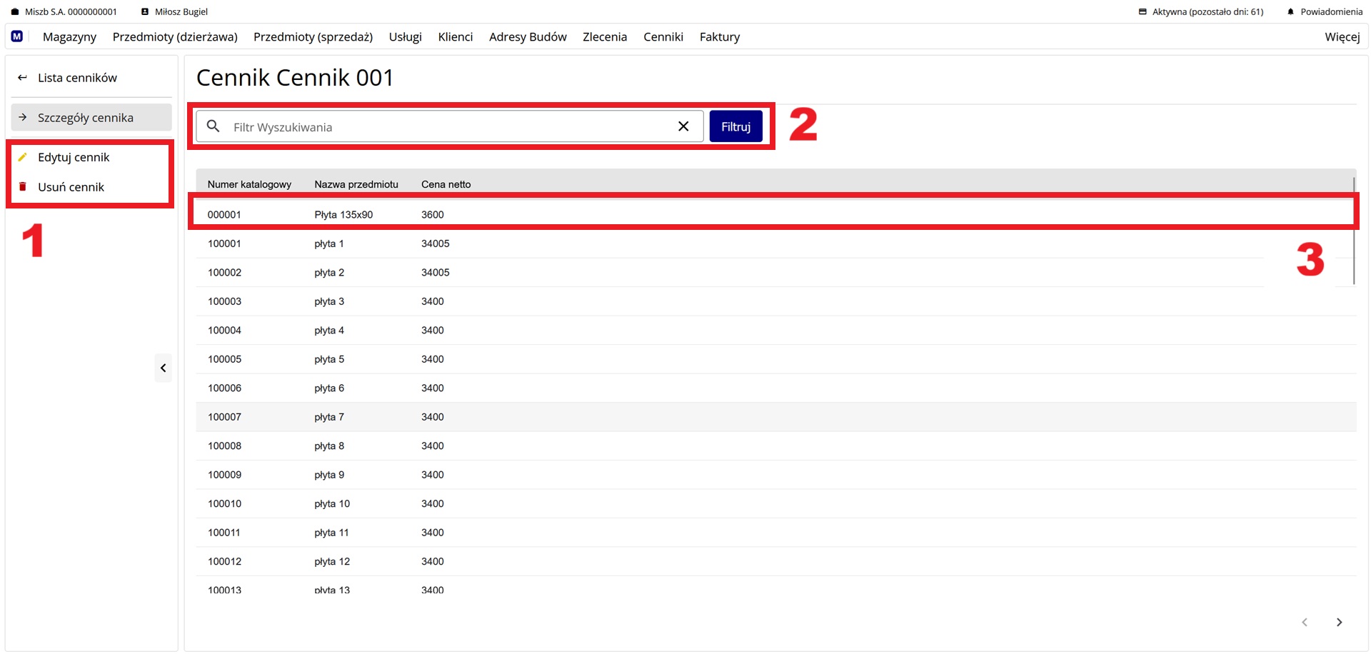 ekran ze szczegółami wybranego cennika dzierżawy
