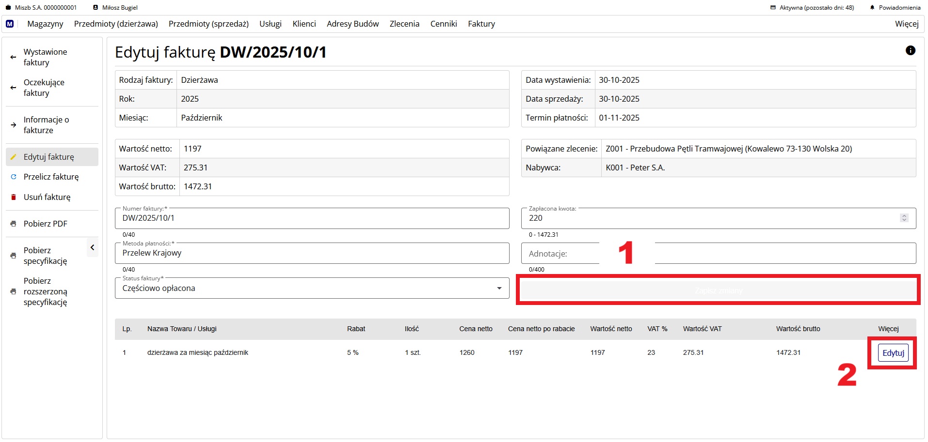 strona edycji wystawionej faktury
