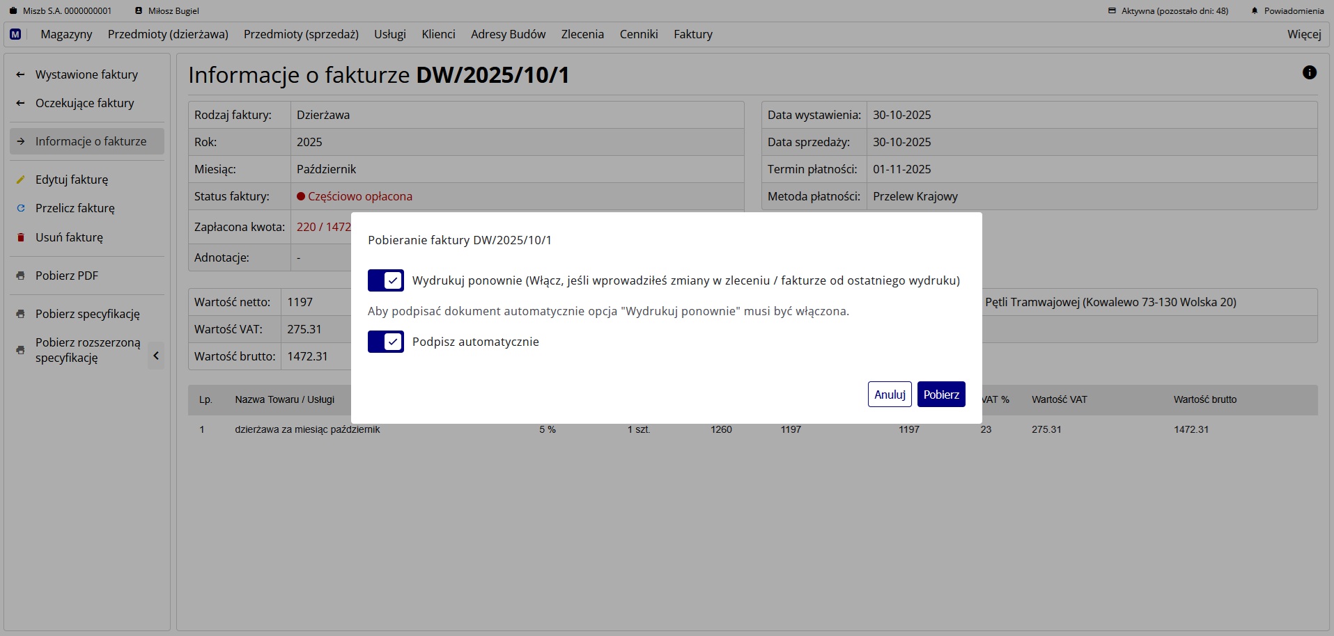 Okno wydruku faktury w formie PDF