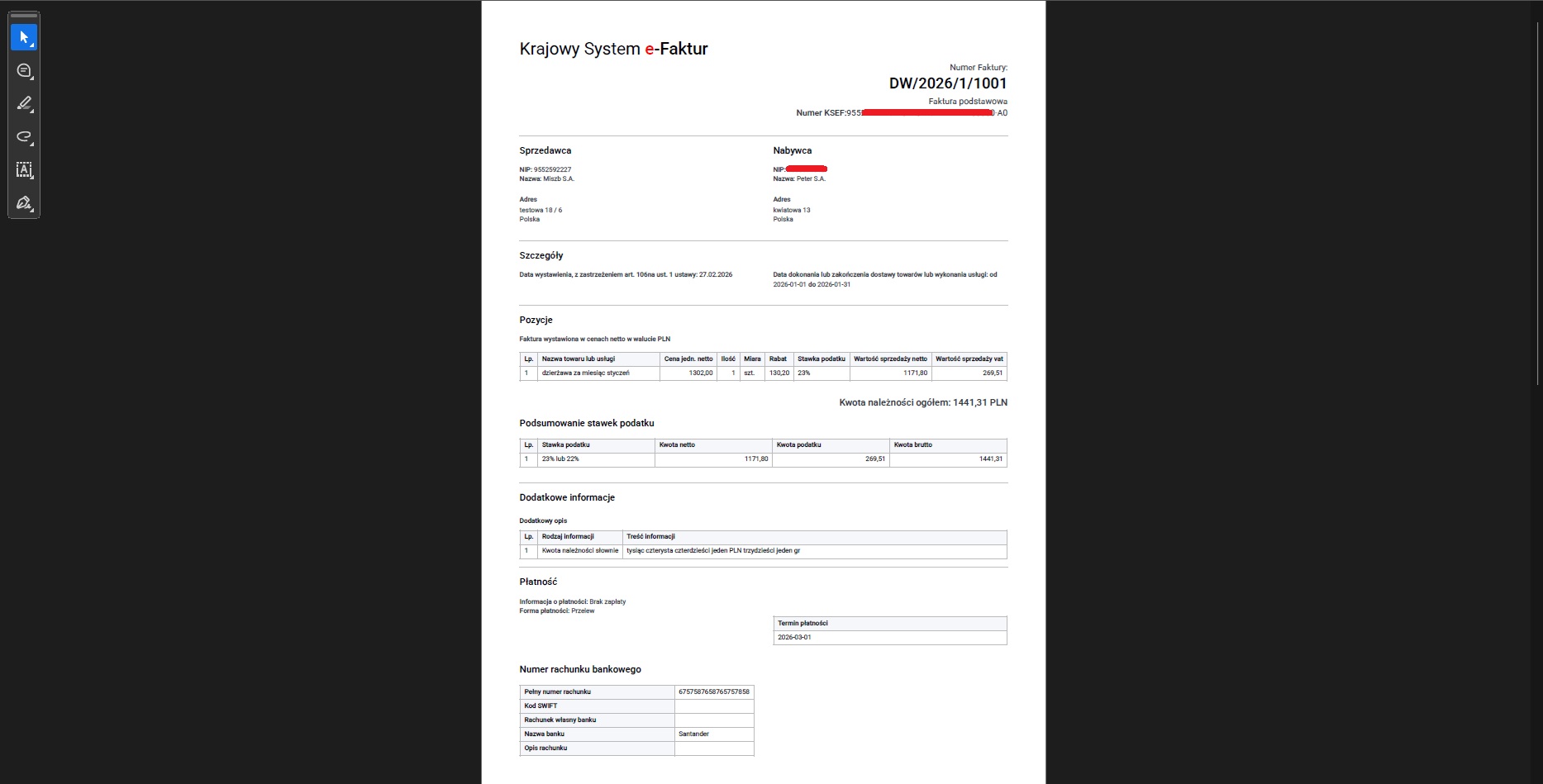 Przykładowa faktura w KSeF wygenerowana przez oprogramowanie dla wypożyczalni Managemate