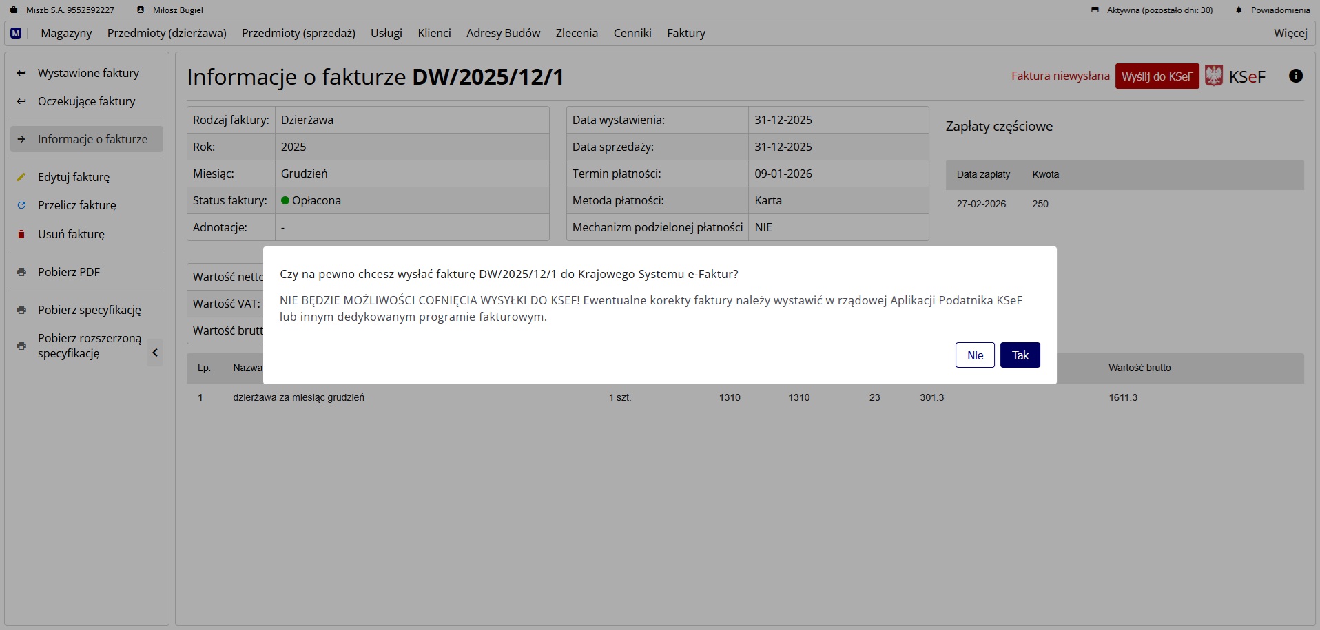 Okno z potwierdzeniem wysyłki faktury do KSeF