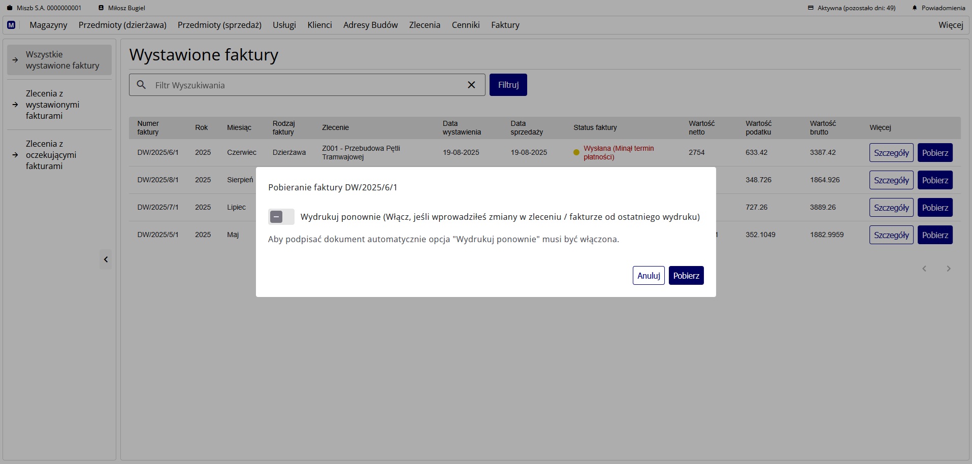 okno pobierania pliku PDF wybranej faktury
