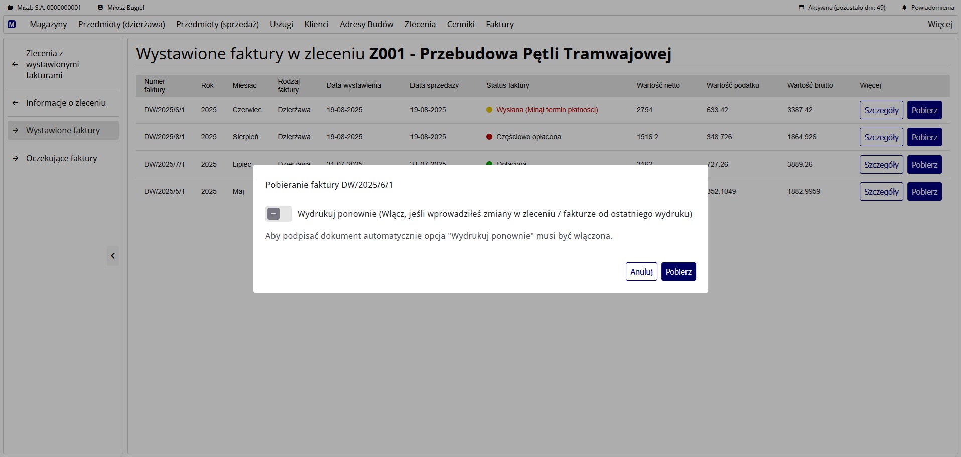 okno pobierania pliku PDF wybranej faktury