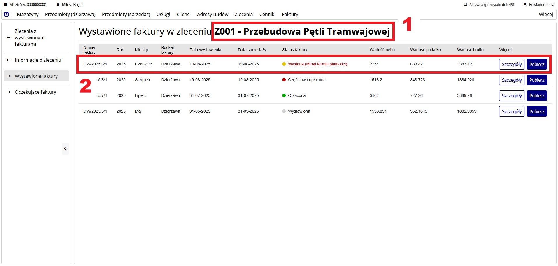 strona z listą faktur w wybranym zleceniu