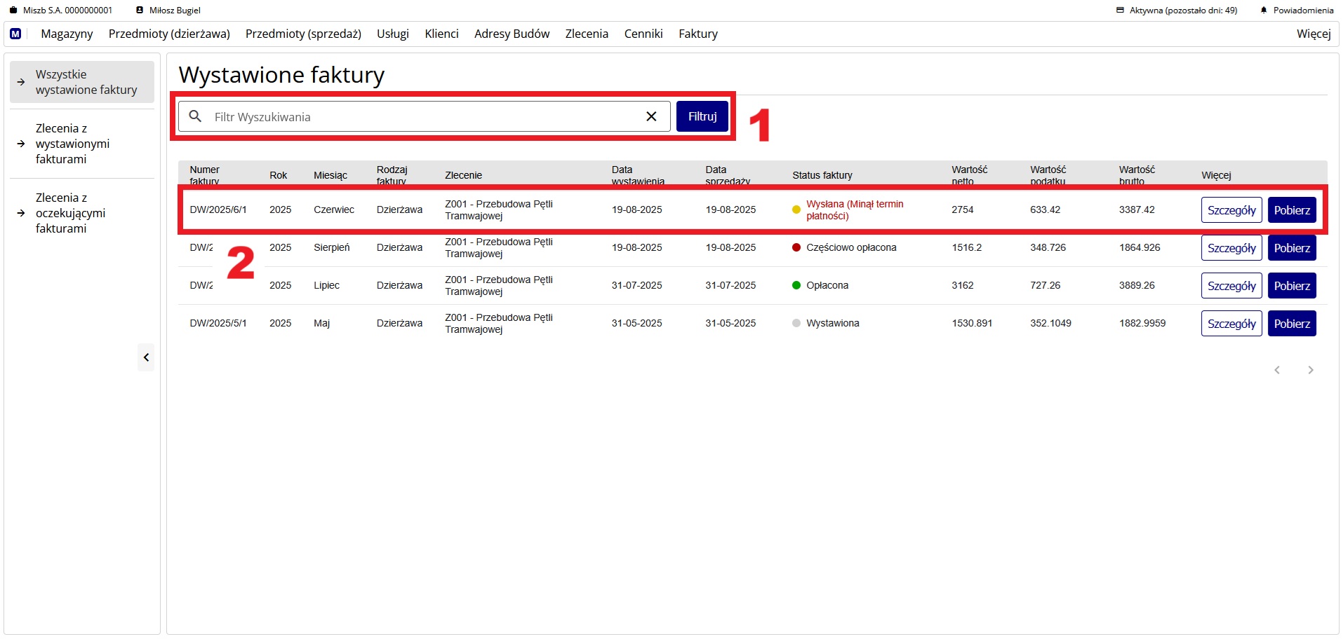 strona z listą wszystkich wystawionych faktur