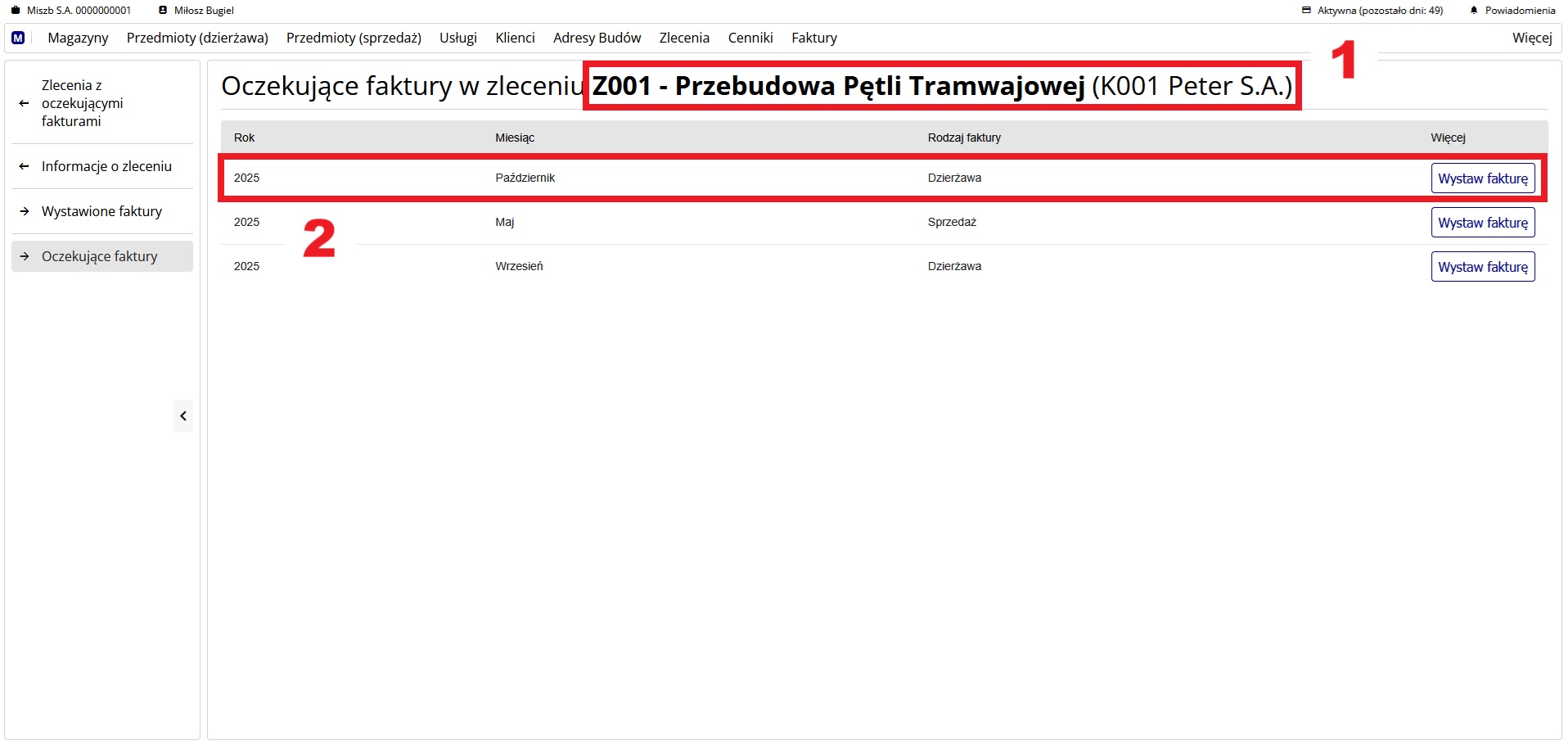 strona z listą faktur oczekujących na wystawienie w wybranym zleceniu