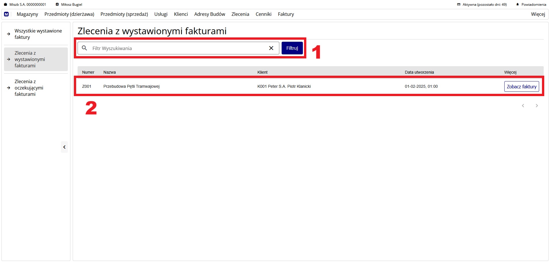 strona z listą zleceń, w których wystawiono faktury