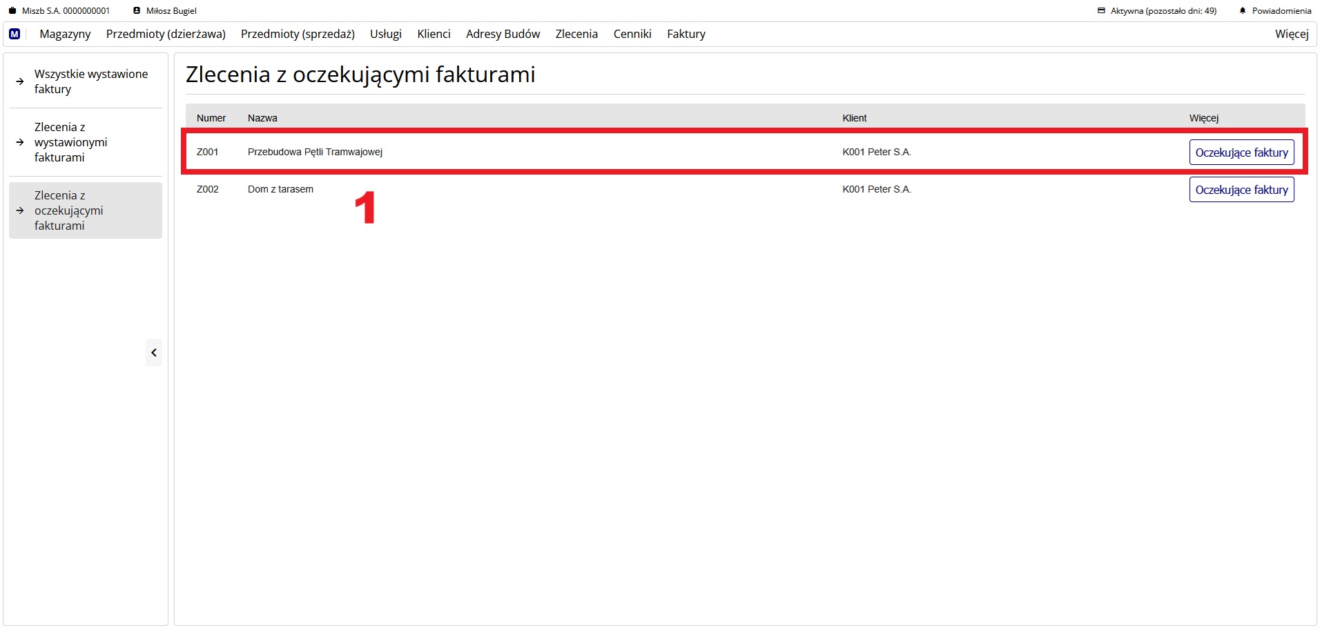strona z listą zleceń, w których faktury czekają na wystawienie