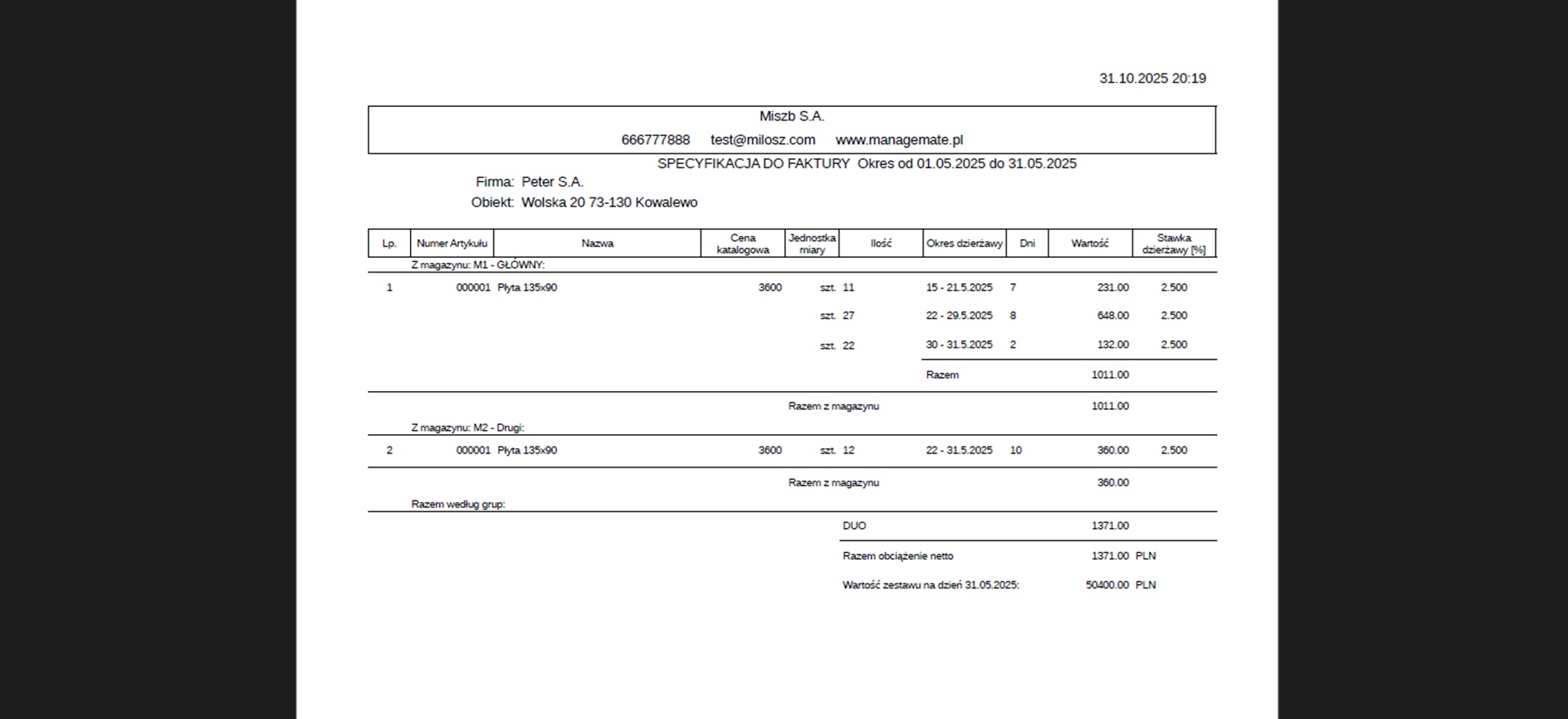 Rozszerzona specyfikacja do faktury w formie PDF