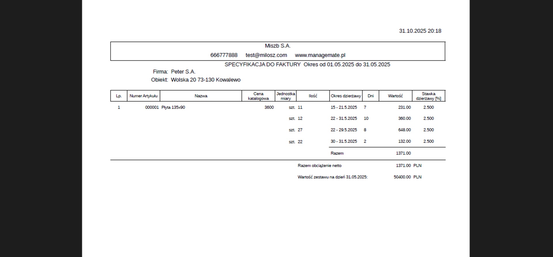 Specyfikacja do faktury w formie PDF