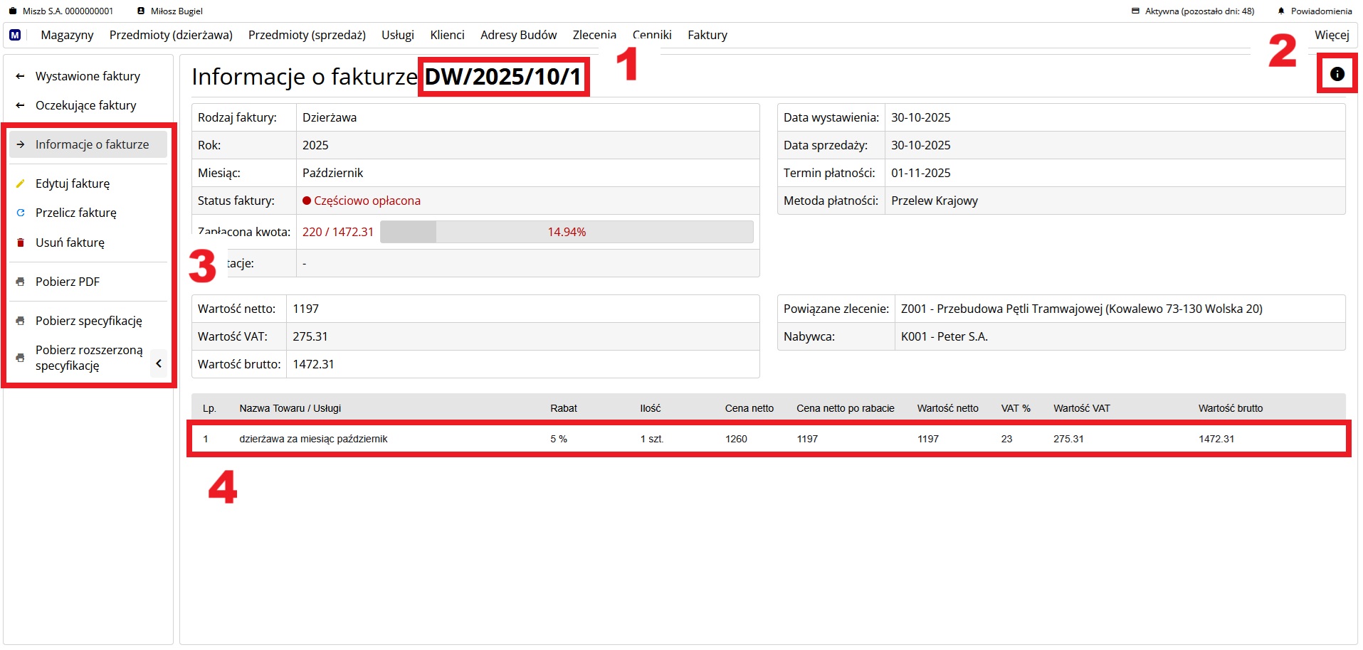 strona ze szczegółowym widokiem faktury