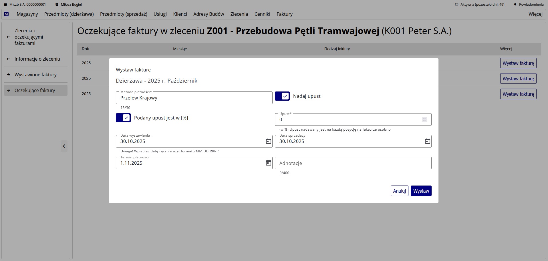 okno z formularzem wystawiania faktury z upustem