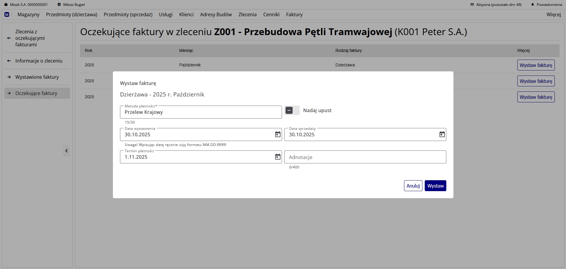 okno z formularzem wystawiania faktury
