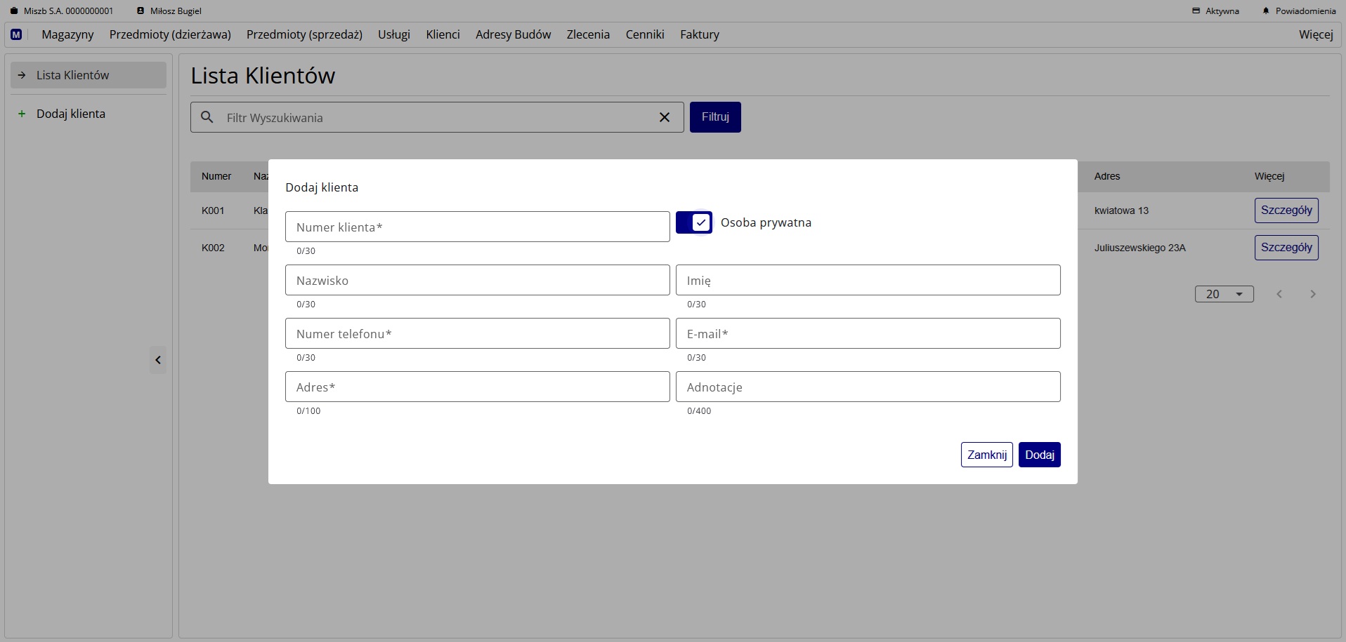 formularz dodawania klienta jako osobę prywatną