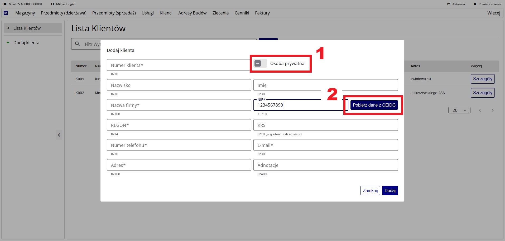 formularz dodawania klienta
