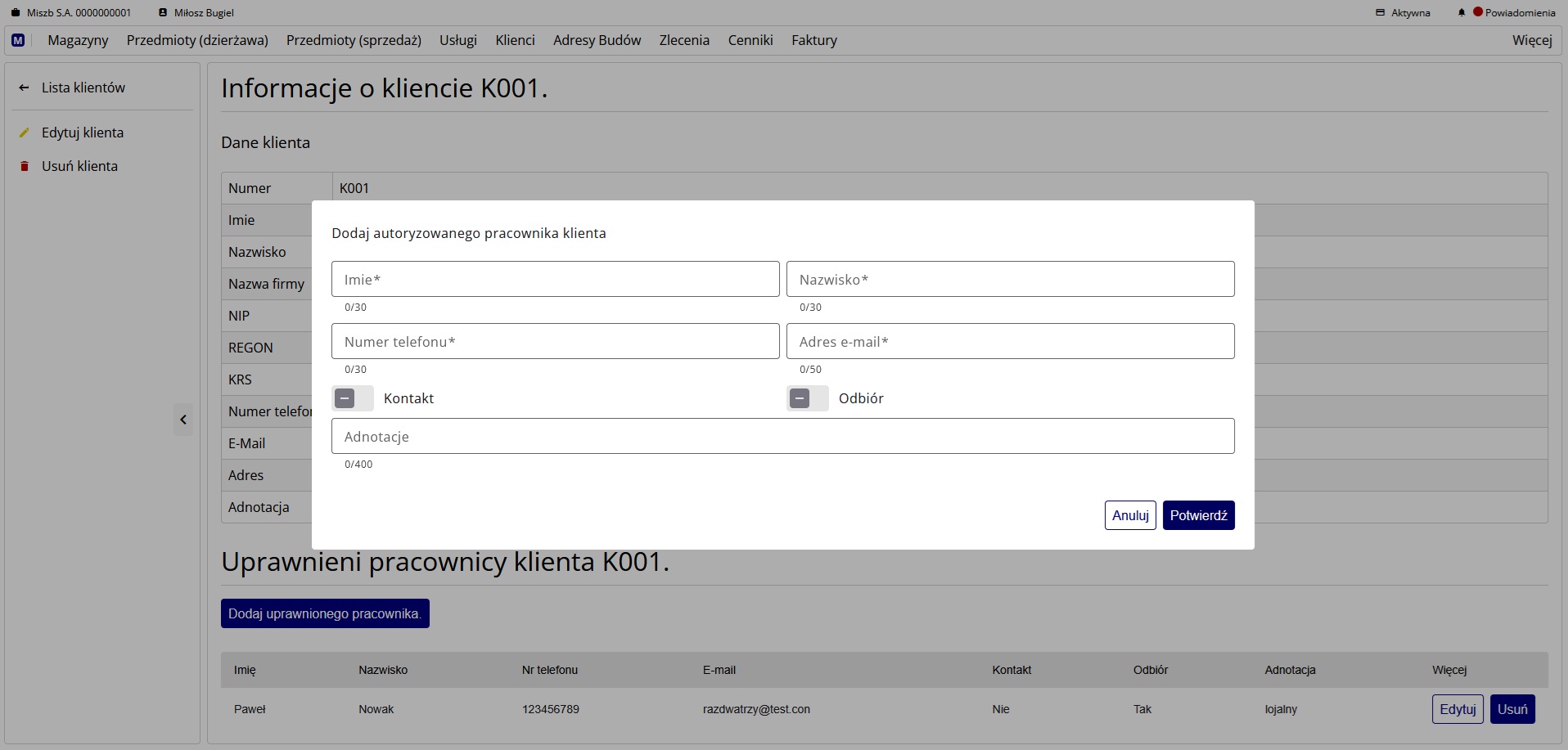 formularz dodawania uprawnionego pracownika klienta