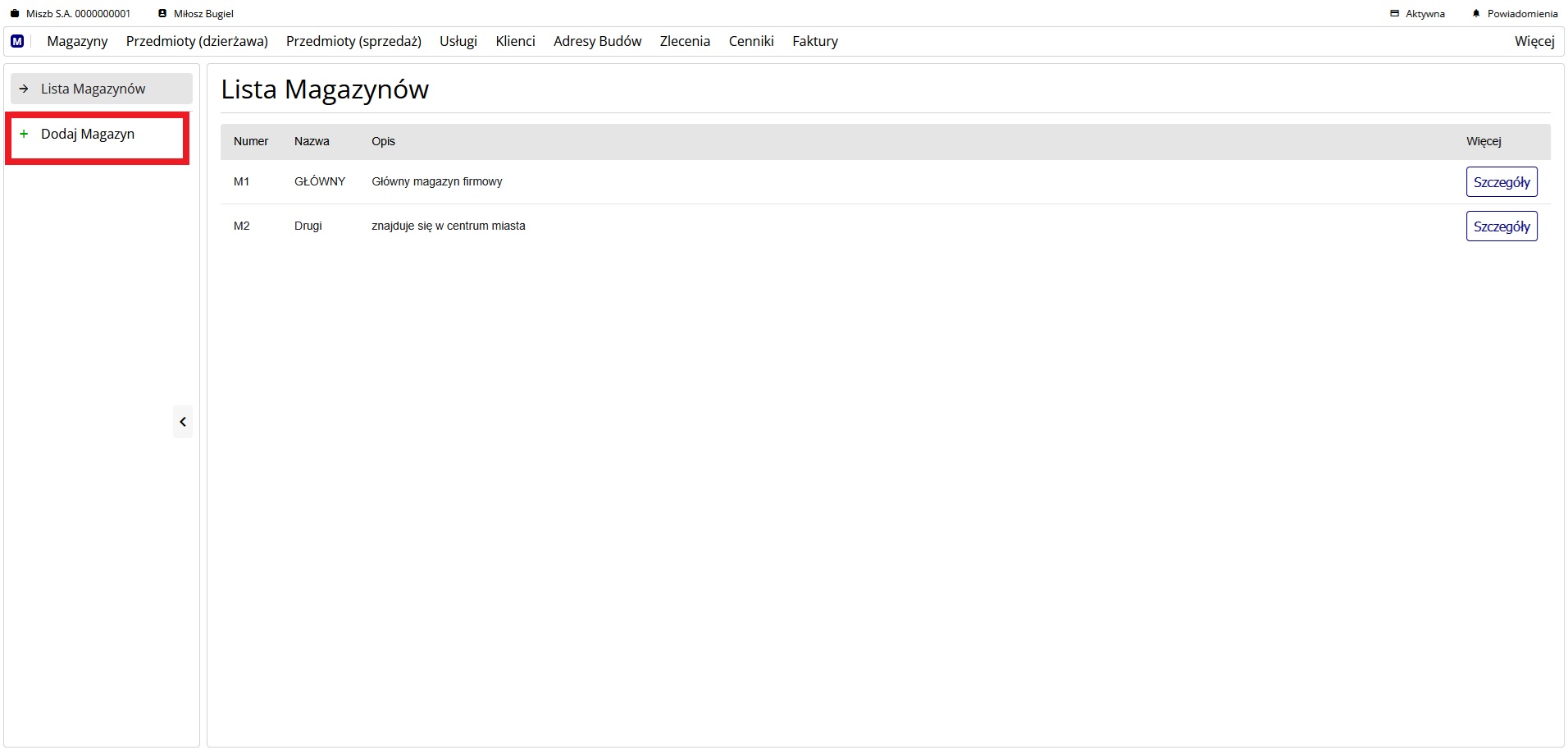 opcja dodania magazynu