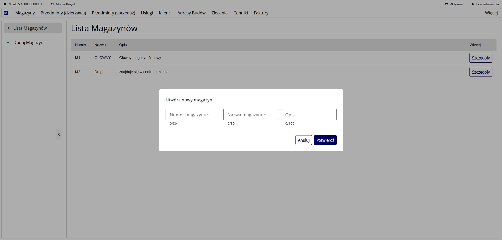 formularz dodania magazynu