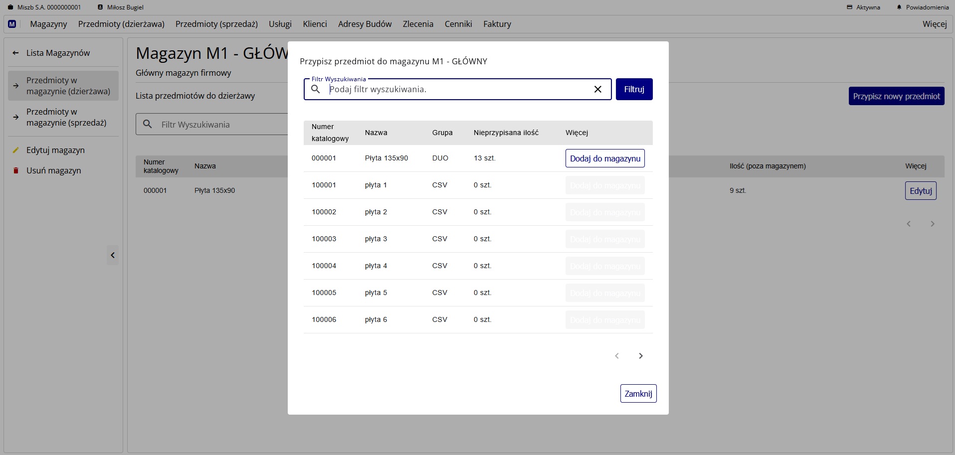 lista dostępnych przedmiotów do przypisania do magazynu (dzierżawa)
