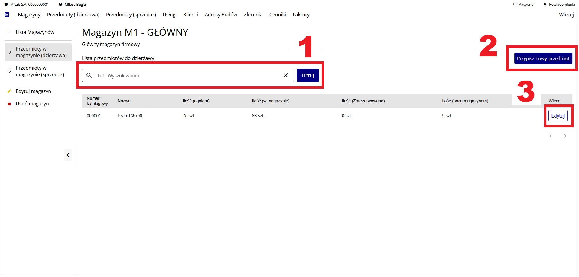 przedmioty w magazynie (dzierżawa)