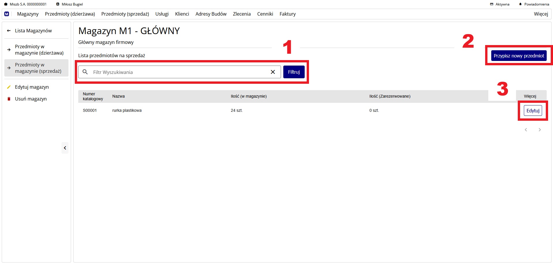 przedmioty w magazynie (sprzedaż)