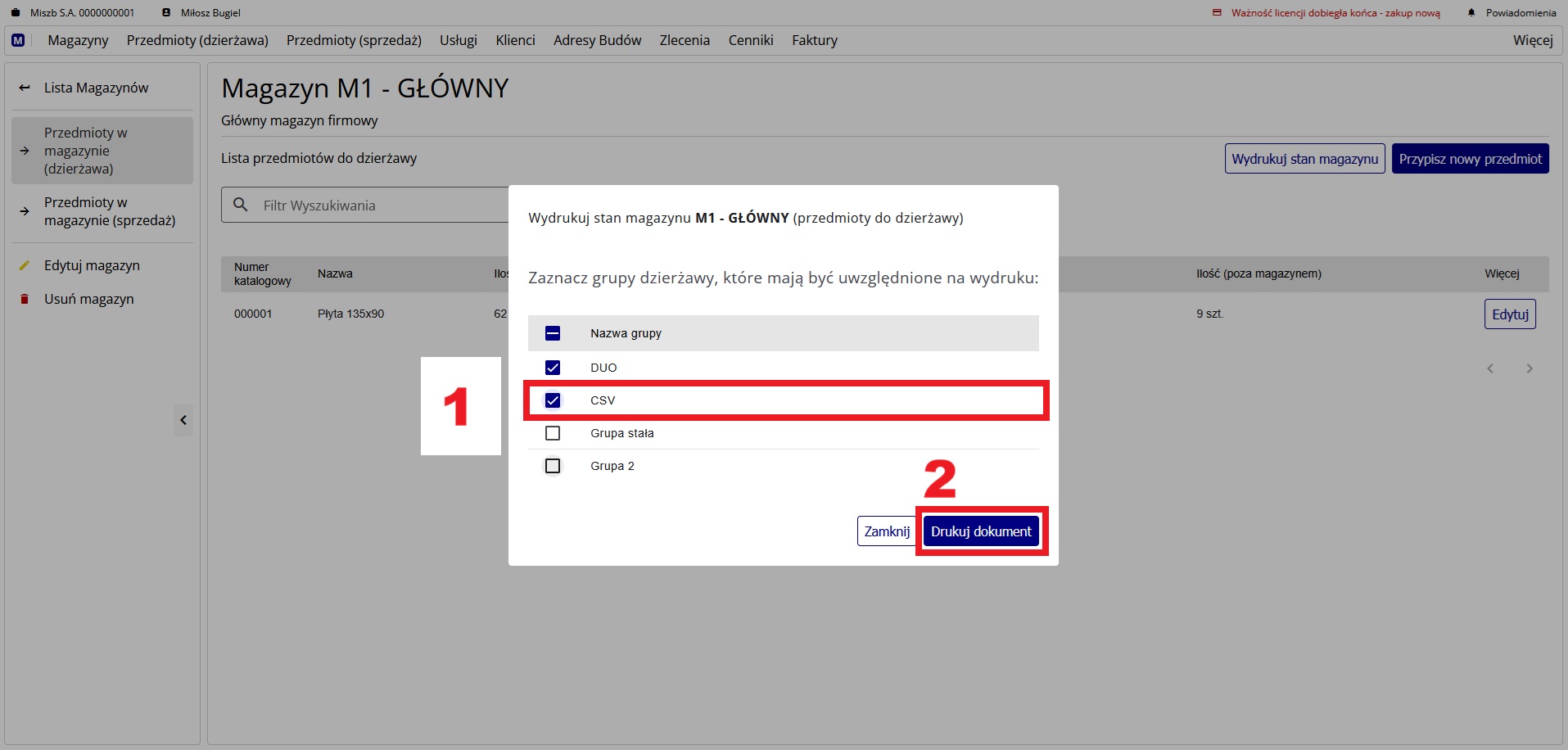 okno wydruku stanu magazynowego - wybór grup dzierżawy