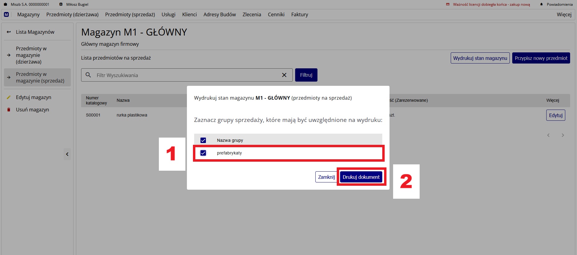okno wydruku stanu magazynowego - wybór grup sprzedaży