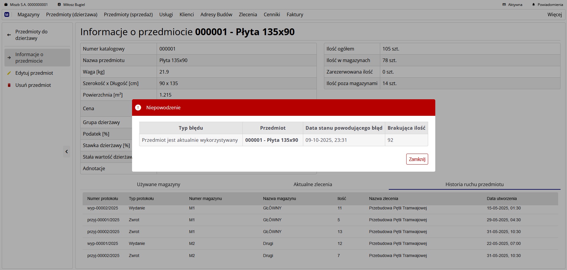 Komunikat o błędzie edycji przedmiotu do dzierżawy