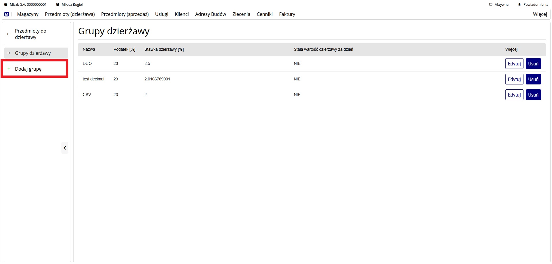 lista grup dzierżawy i przycisk dodawania grupy