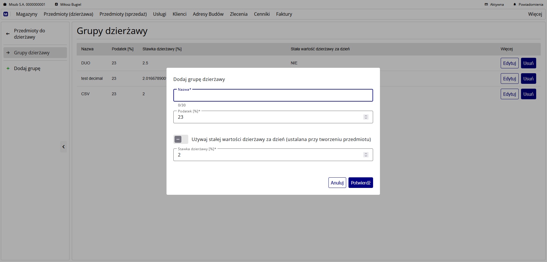 formularz dodawania grupy dzierżawy