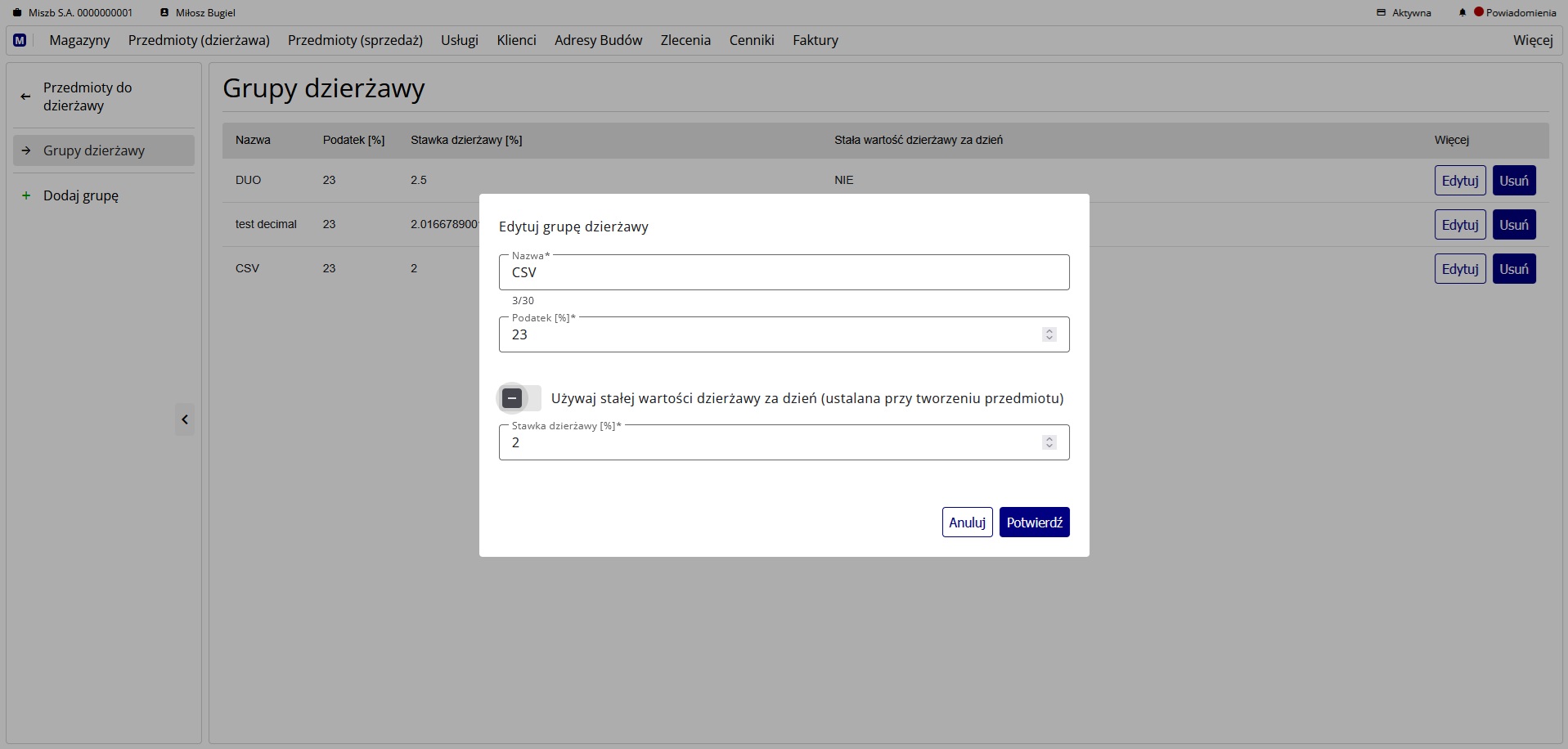 formularz edycji grupy dzierżawy