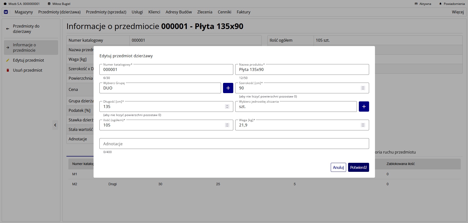 Formularz edycji przedmiotu do dzierżawy