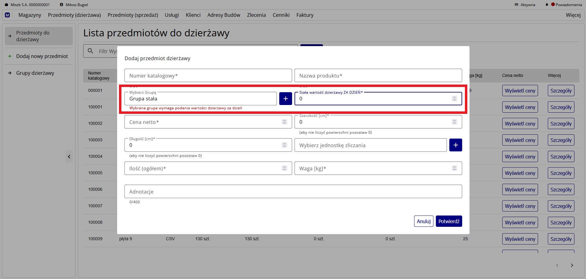formularz przedmiotów do dzierżawy ze stałą wartością dzierżawy