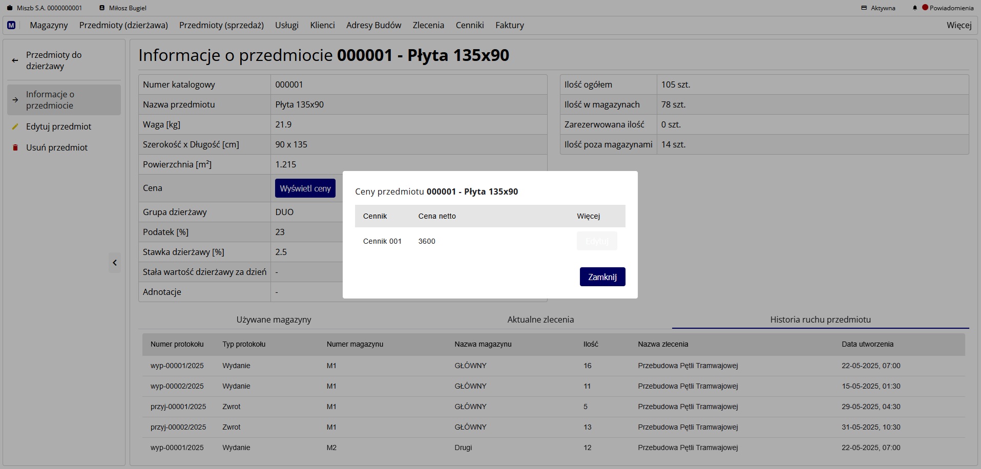 Ceny przedmiotu do dzierżawy