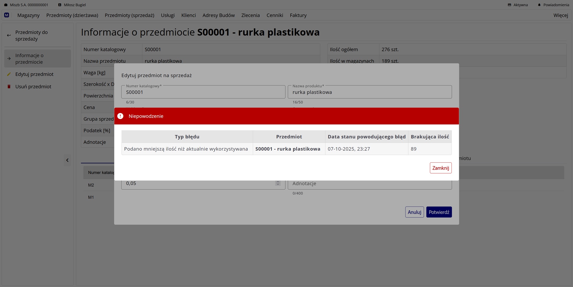 Komunikat o błędzie edycji przedmiotu na sprzedaż