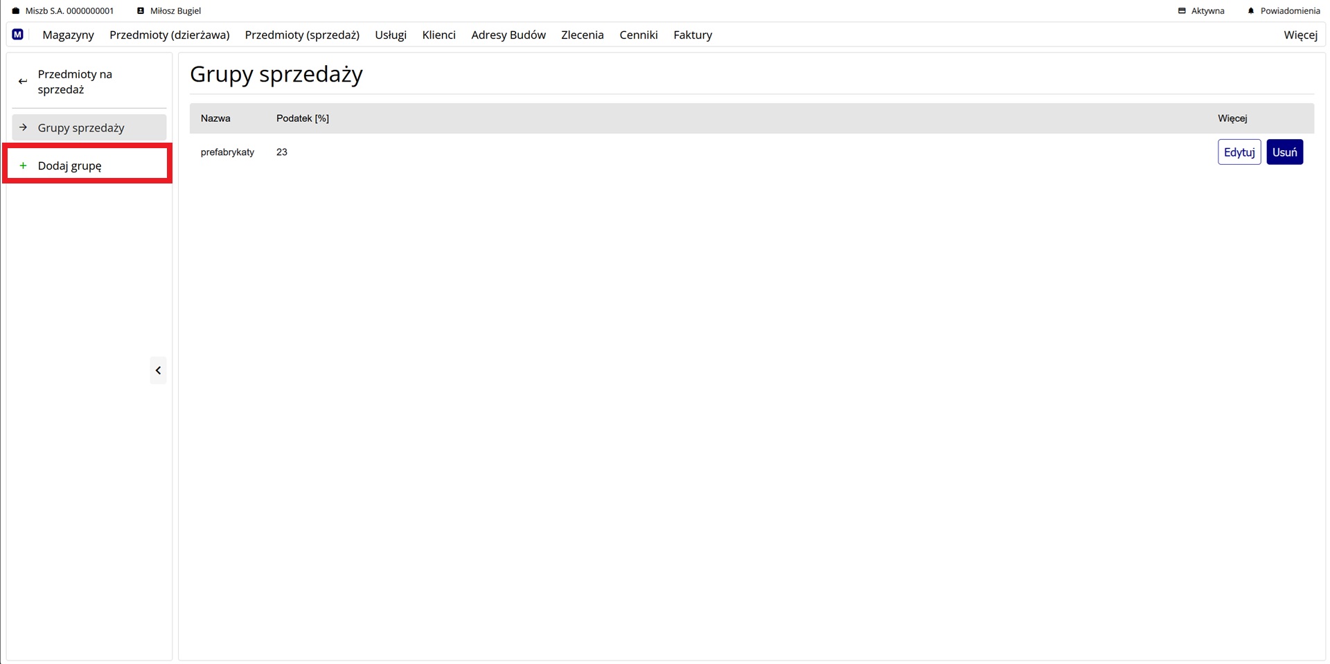 lista grup sprzedaży i przycisk dodawania grupy