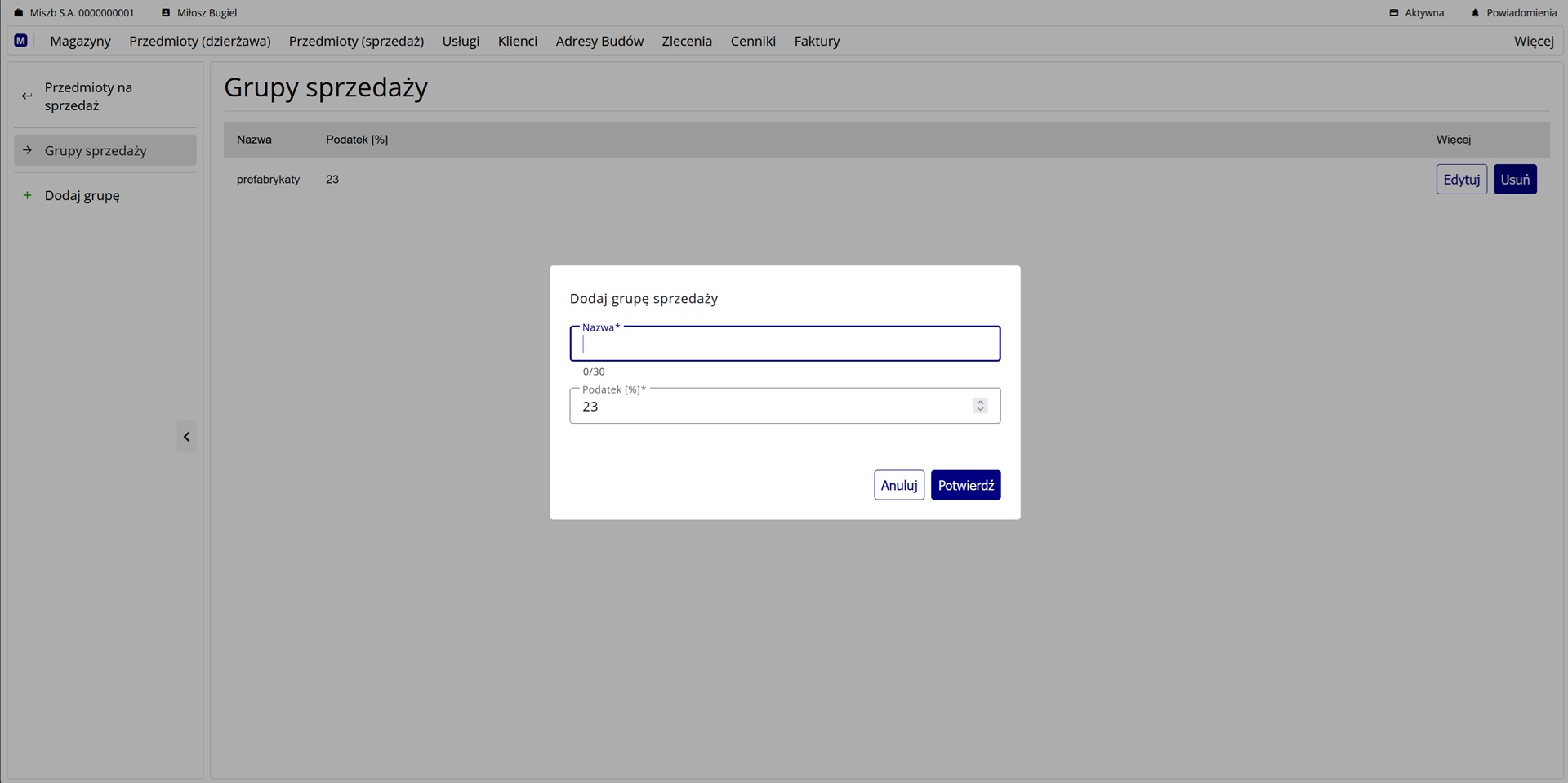 formularz dodawania grupy sprzedaży